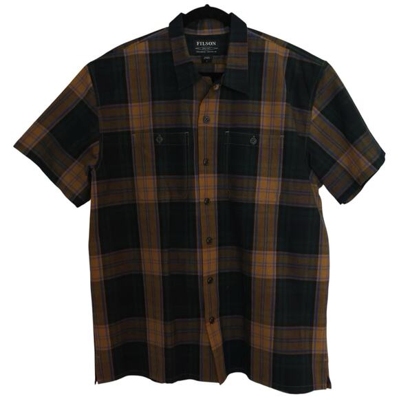FILSON Rustic Short Sleeve Camp Shirt Golden Tan/Navy Size L - Picture 1 of 8